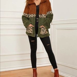 Leopard pocket color block teddy‎ coat